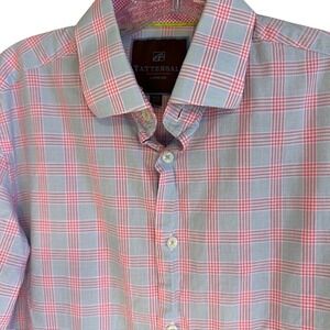 Tattersall London Men's Blue Pink‎ Plaid Men's Button Up Long Sleeve Shirt 15.5